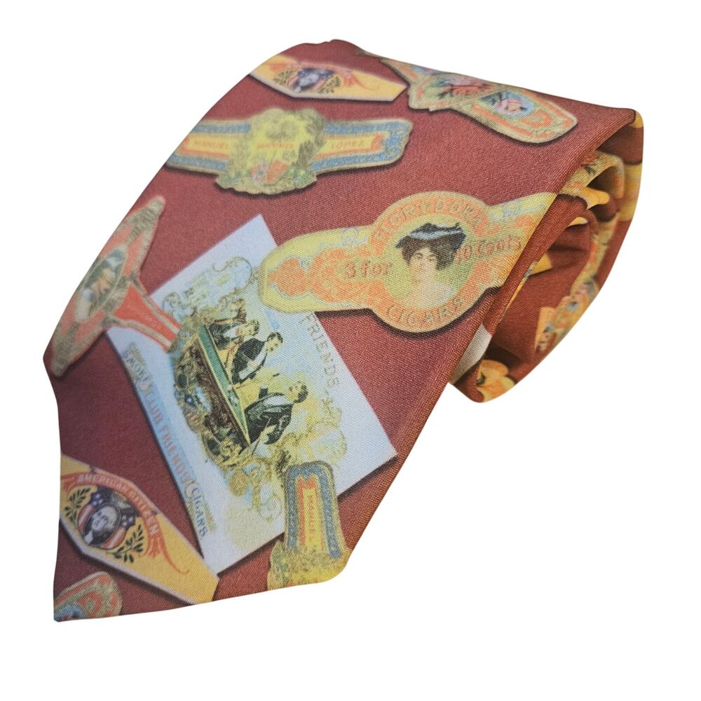 Vintage 90s Ralph Marlin Cigar Labels Bands Rust Burgundy Novelty Mens Necktie